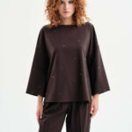 Blouse with boat neckline and rhinestones