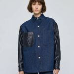 Denim shirt with faux leather-effect details