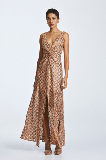 Maxi knitted dress with sequins and knot detail