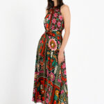 Satin print halter neck dress