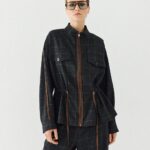 Plaid jacket with waist drawstrings