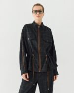 Plaid jacket with waist drawstrings