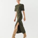 Midi dress with slit and ruching